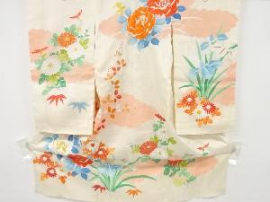 アンティーク　絽薔薇に秋草模様刺繍五つ紋着物(長襦袢付き)